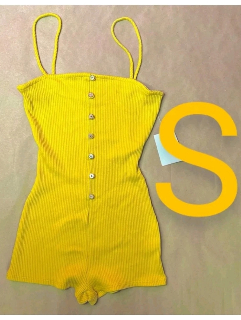 🆕Mustard Yellow Cami Button Design Ribbed Romper Size S